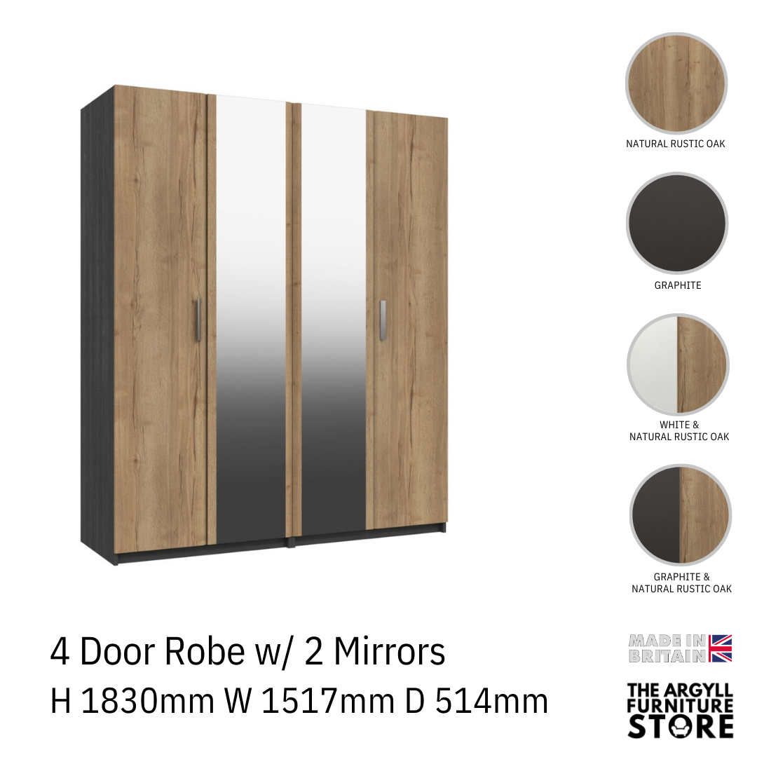 Waterfall 4 Door Wardrobe with 2 Mirrors