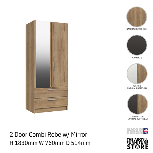 Waterfall 2 Door Combi Wardrobe with Mirror