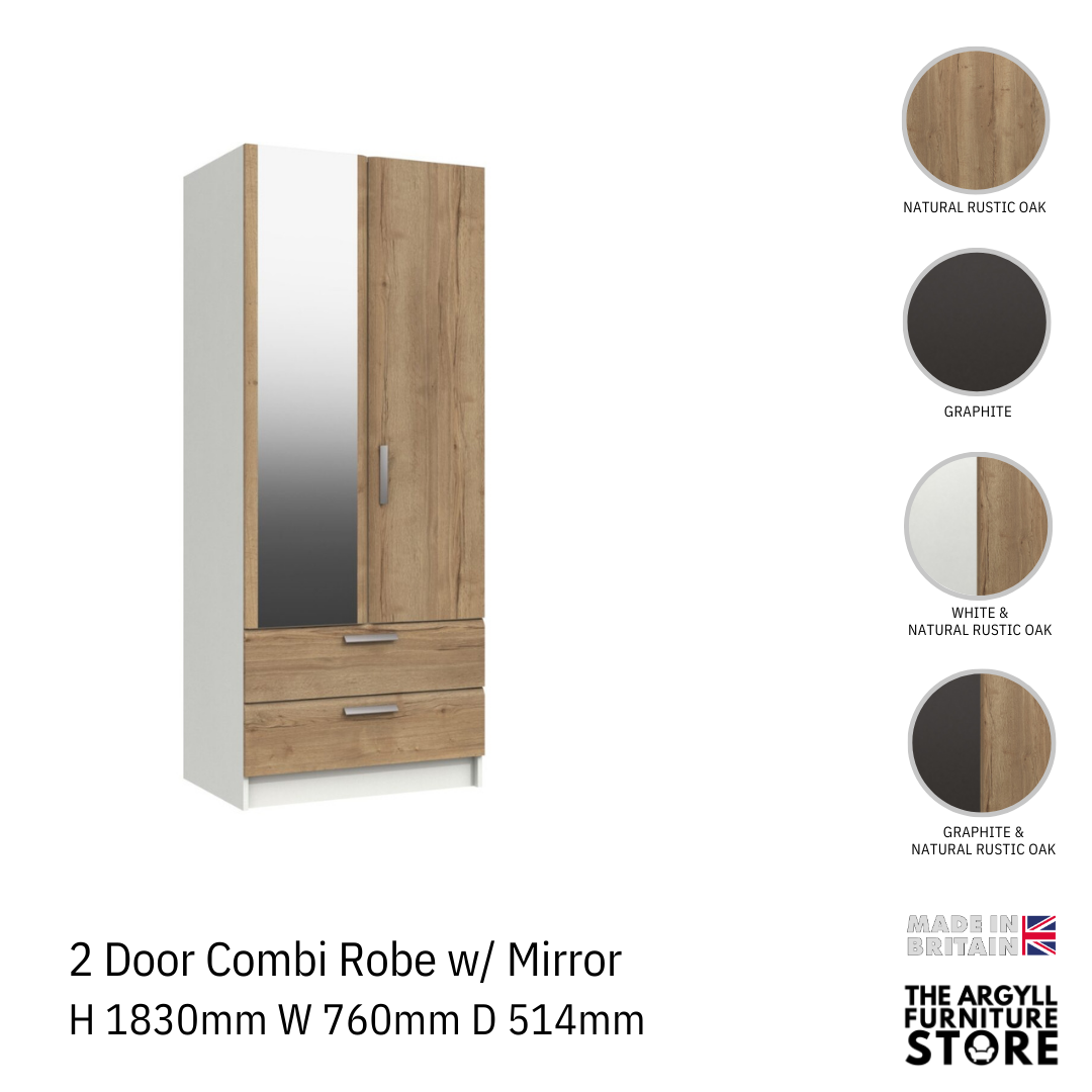 Waterfall 2 Door Combi Wardrobe with Mirror