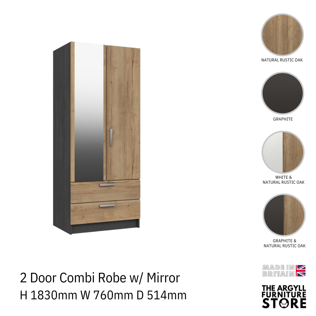Waterfall 2 Door Combi Wardrobe with Mirror