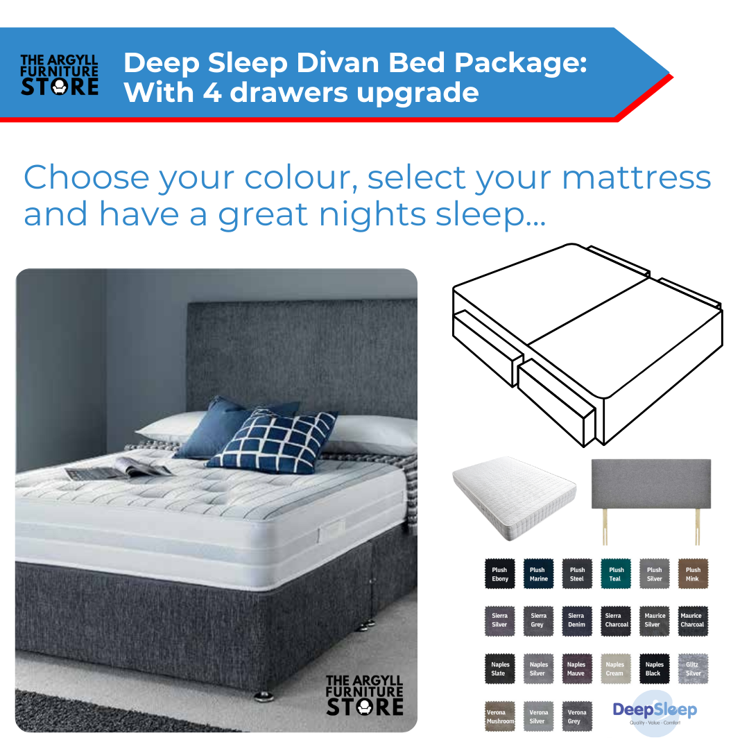 Ultimate Divan Bed Base + Headboard + Mattress Package + 4 Drawers