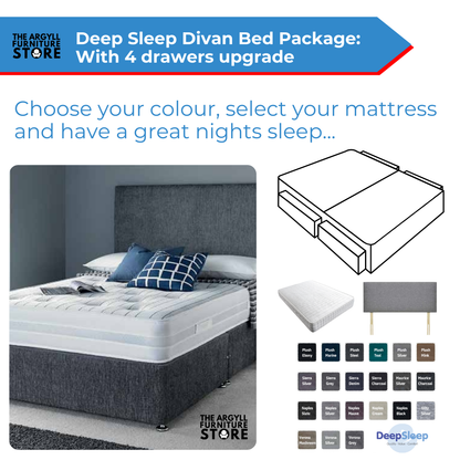 Ultimate Divan Bed Base + Headboard + Mattress Package + 4 Drawers