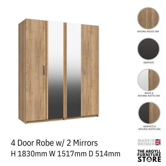 Waterfall 4 Door Wardrobe with 2 Mirrors