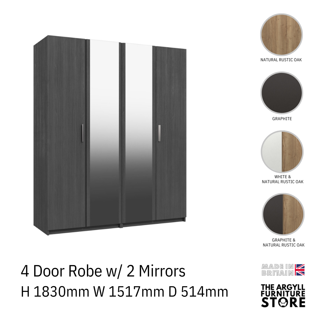 Waterfall 4 Door Wardrobe with 2 Mirrors