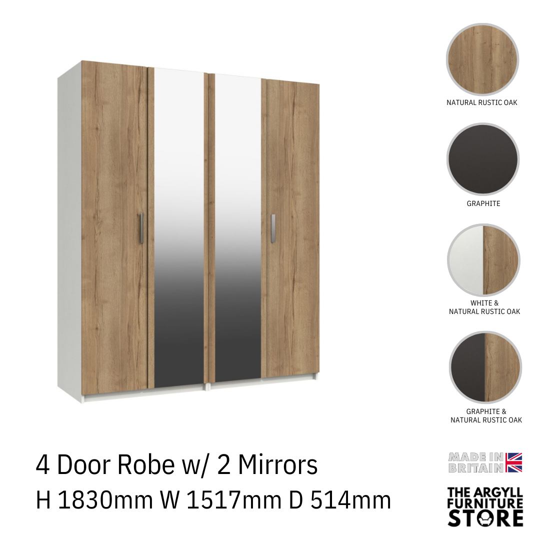 Waterfall 4 Door Wardrobe with 2 Mirrors