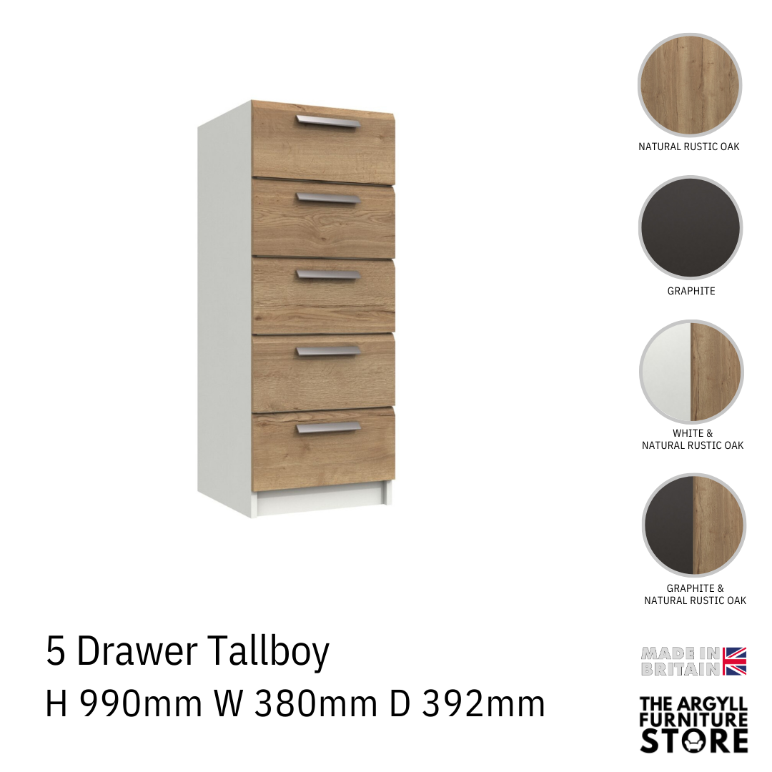 Waterfall 5 Drawer Tallboy Chest
