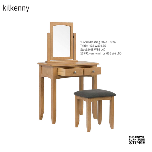 Kilkenny Oak Dressing Table, Stool + Vanity Mirror