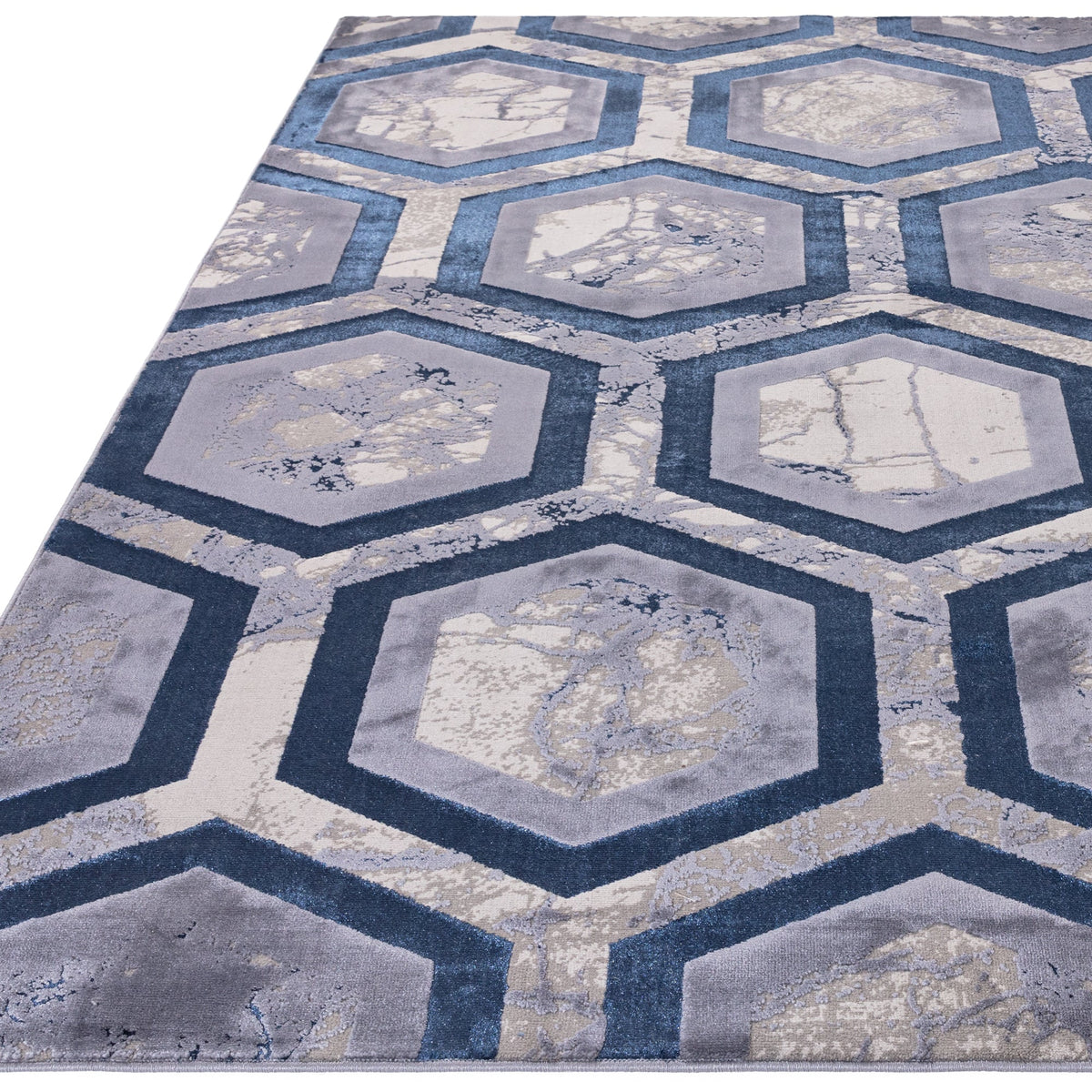 Aurora Hexagon Metallic Blue Rug