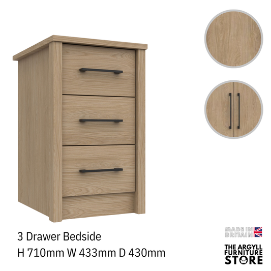 Edale 3 Drawer Bedside Table